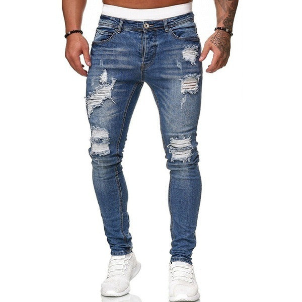 Fashion Street Style Ripped Skinny Jeans Men Vintage Wash Solid Denim