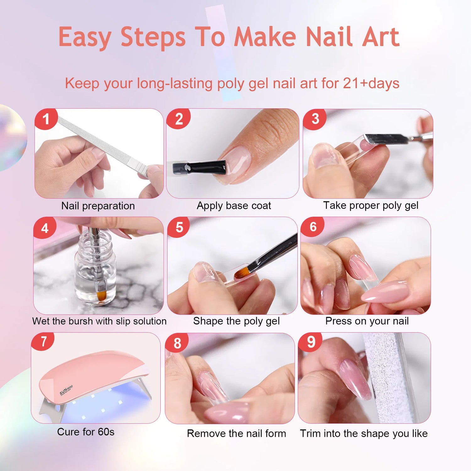 6 PCS Poly Gel Nail Kit With UV Lamp, Nail Brush And Nail Forms Top Base Coat Builder Nails Art Tools