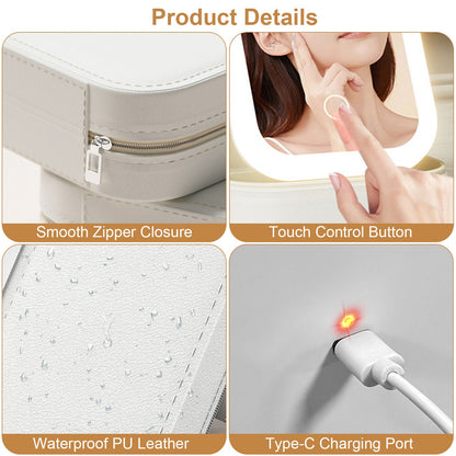 1Pc Portable Travel Makeup Bag With LED Mirror Rechargeable Beauty Mirror