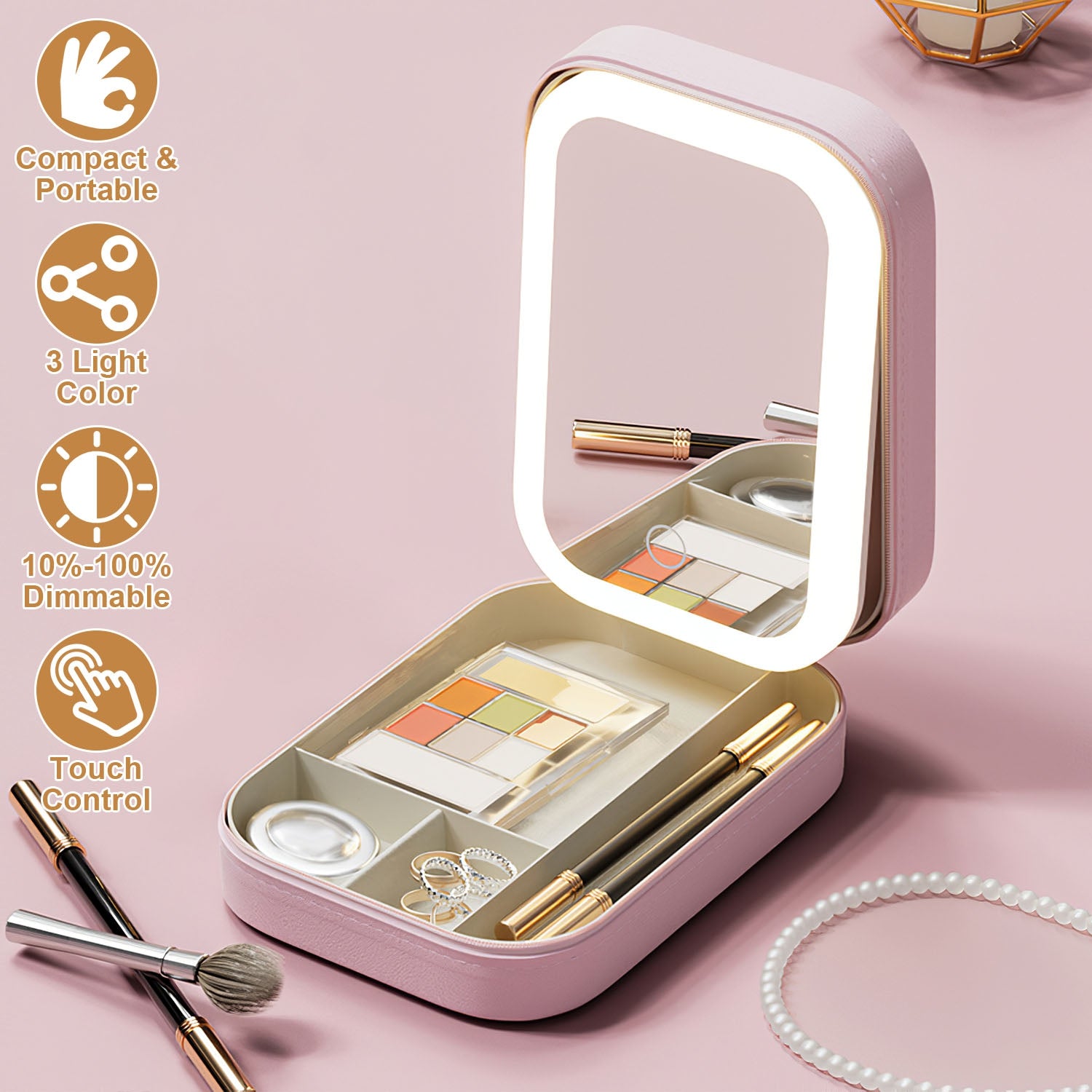 1Pc Portable Travel Makeup Bag With LED Mirror Rechargeable Beauty Mirror