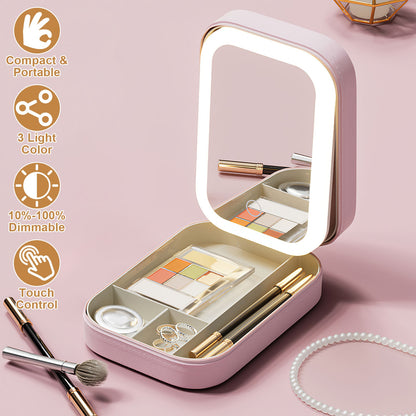 1Pc Portable Travel Makeup Bag With LED Mirror Rechargeable Beauty Mirror