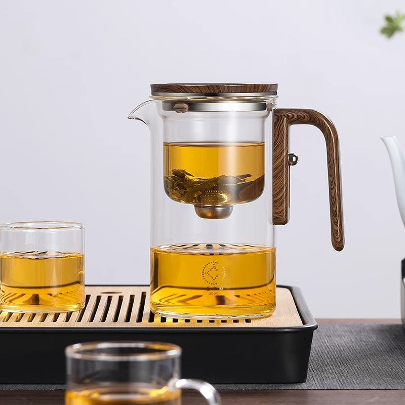 One Click Magnetic Teapot Separation Filtration Glass Tea Pot Wood Handle Tea Water Separation