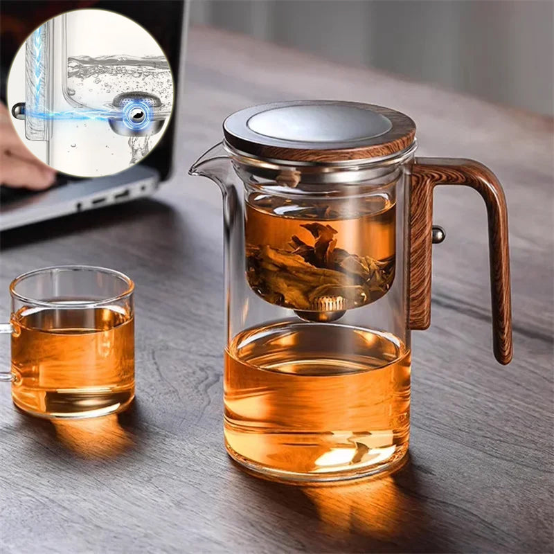 One Click Magnetic Teapot Separation Filtration Glass Tea Pot Wood Handle Tea Water Separation