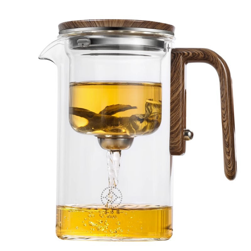 One Click Magnetic Teapot Separation Filtration Glass Tea Pot Wood Handle Tea Water Separation