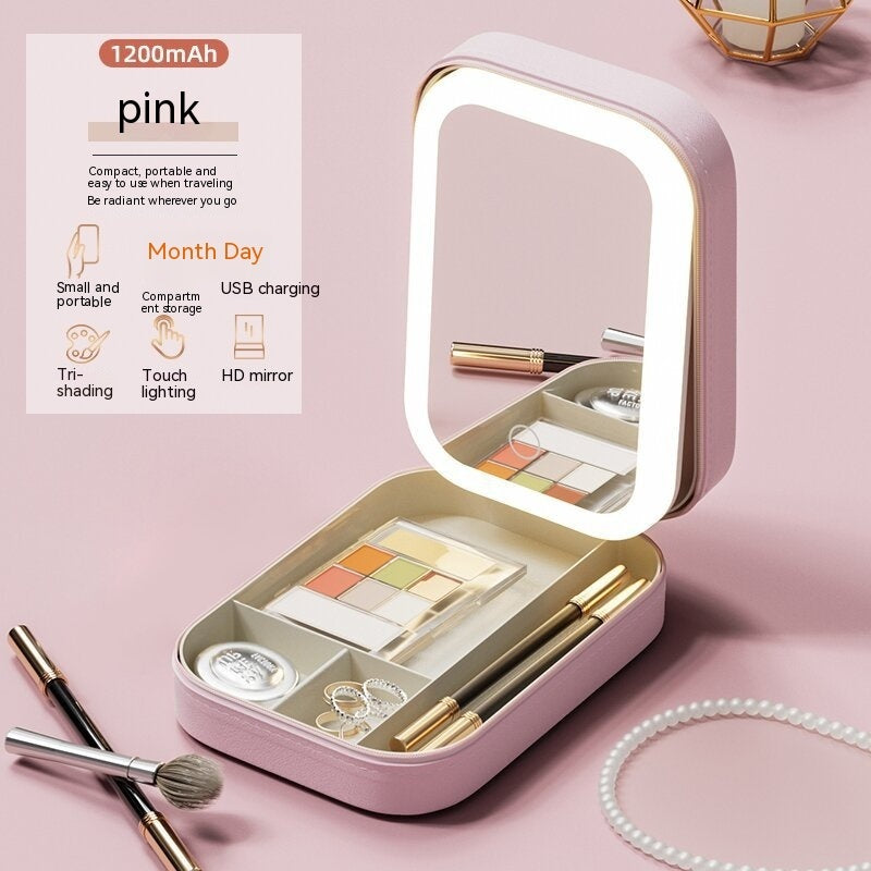 Makeup Storage Box With LED Light Mirror Portable Travel Makeup Cosmetics Storage